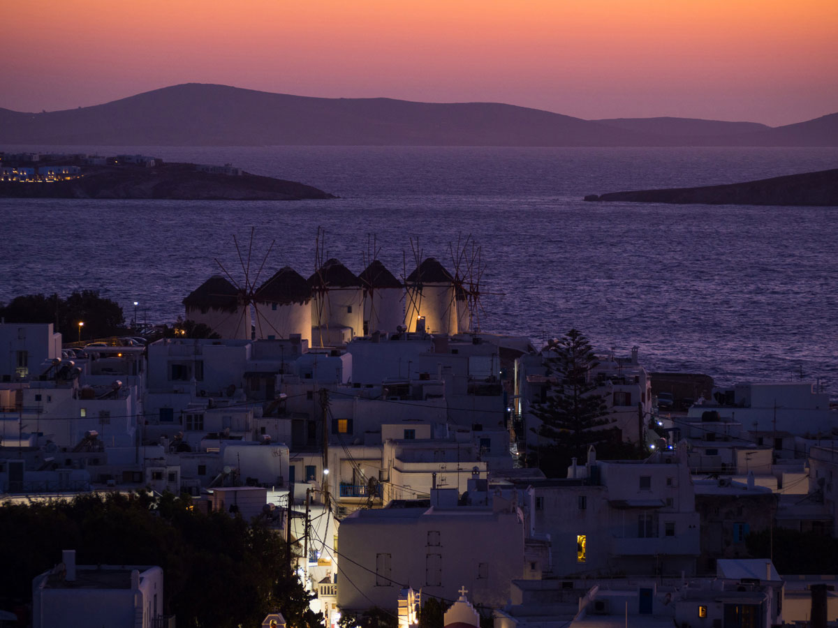 Mykonos Sonnenuntergang Ausblick Windmuehle